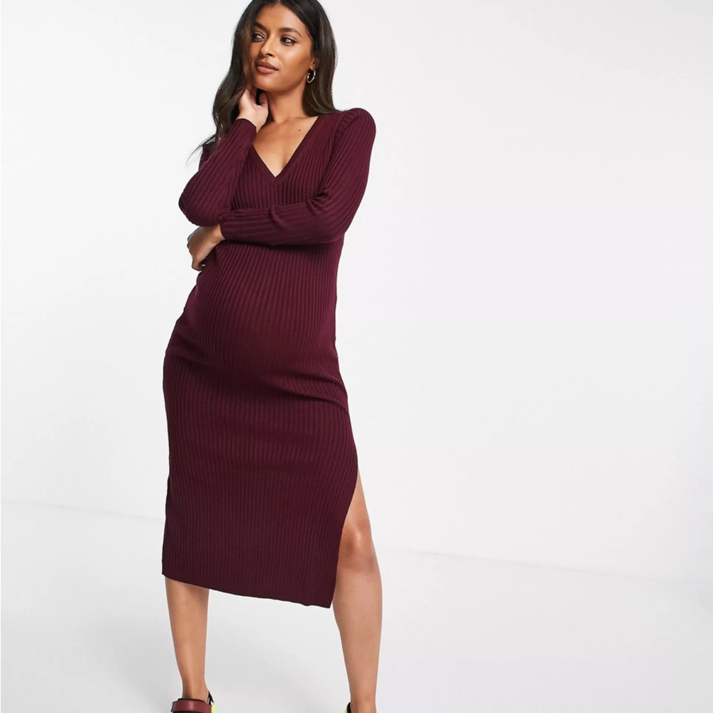 ASOS DESIGN Maternity knitted dress with v neck in rib in dark red